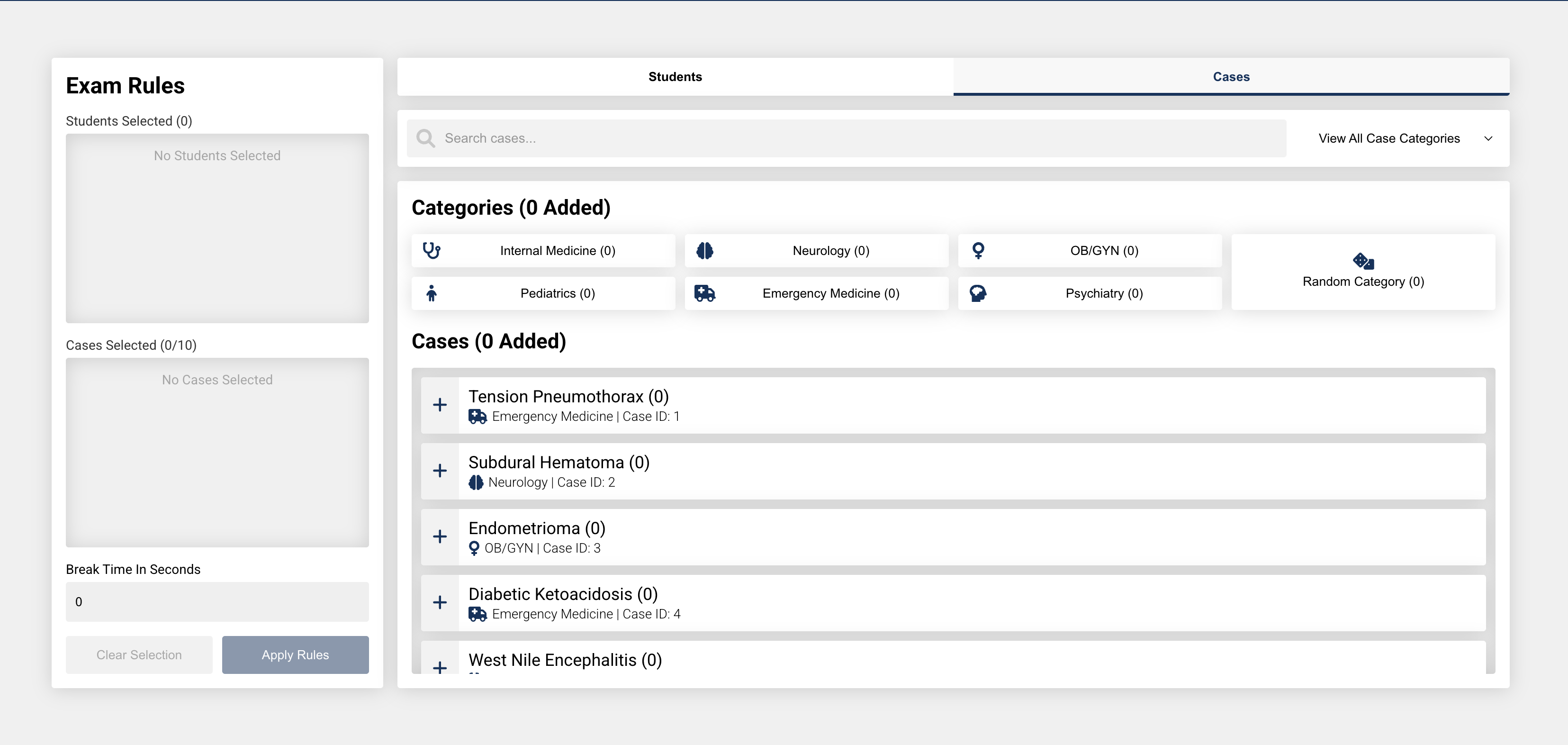 The exam creation page in the CCS Cases OSCE admin portal, showing the list of cases and categories available to add to the exam.