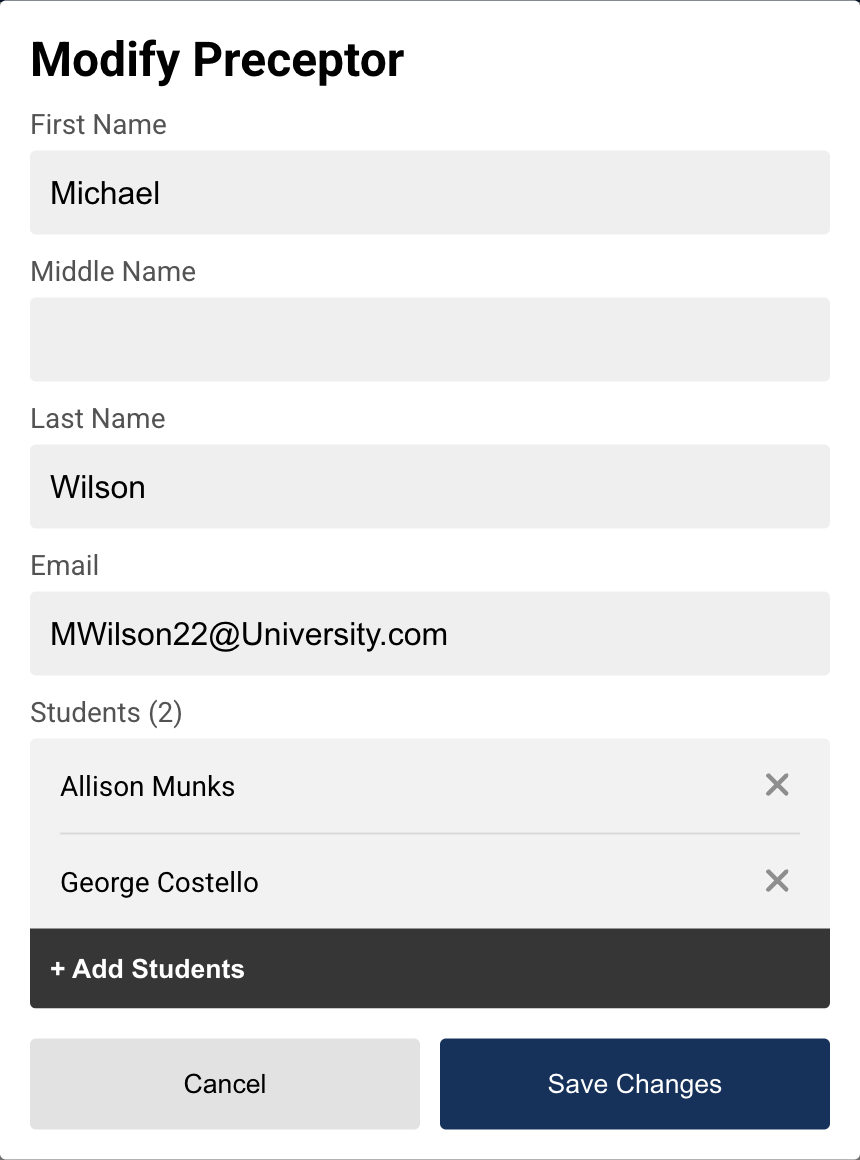 The modify preceptors popup in the CCS Cases OSCE admin portal, allowing the admin to update the full name and email of the preceptor, and assign students